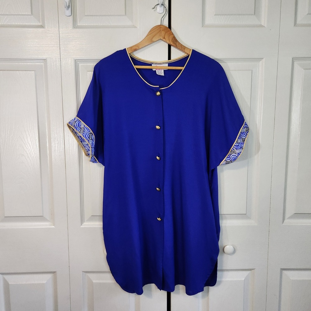 Vintage Roxanne Royal Blue Button Front‎ Swim Cover Up Tunic Gold Trim Size S